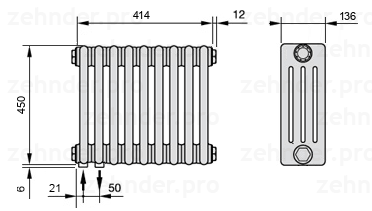 Схема (чертеж) Радиатор Zehnder Charleston 4045/9 №3370 Белый глянцевый RAL 9016
